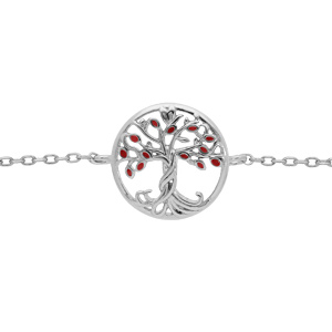 Bracelet en argent rhodi chane avec pastille arbre de vie couleur rouge 15+2.5cm - Vue 1