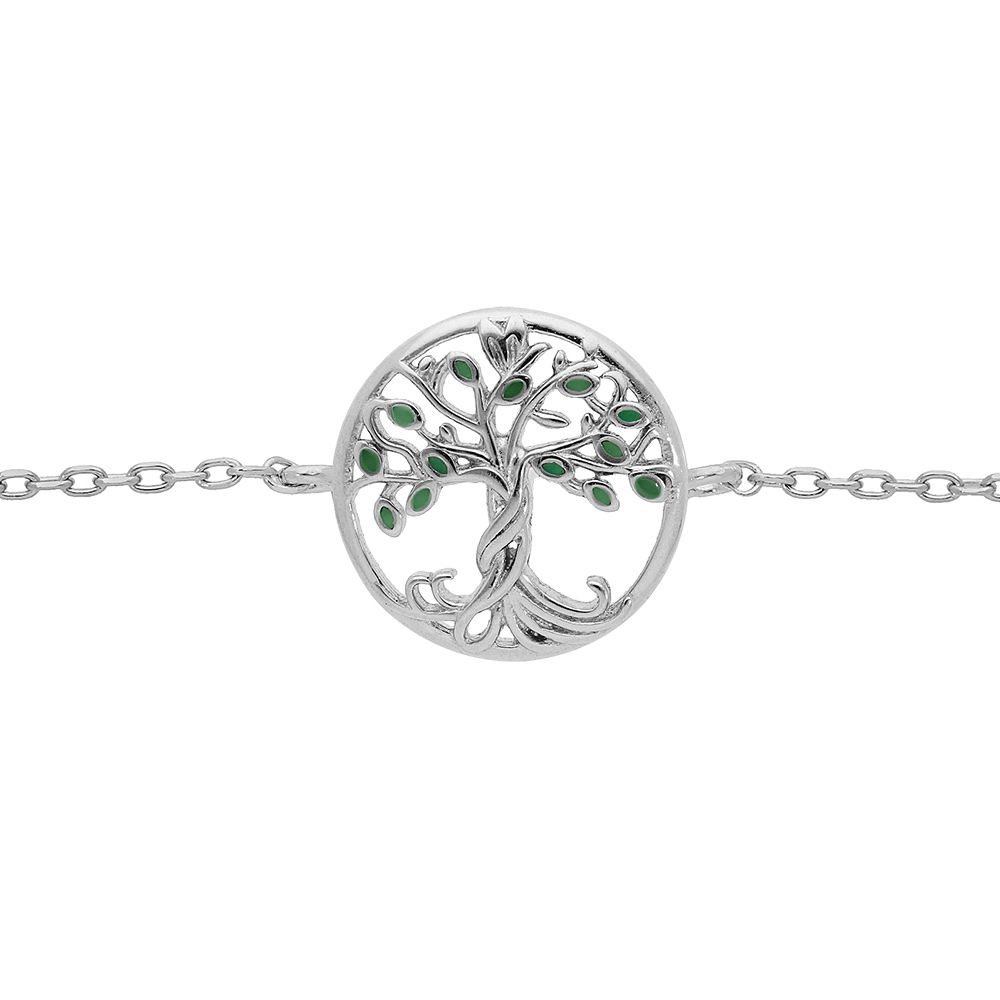 Bracelet en argent rhodi� cha�ne avec pastille arbre de vie couleur verte 15+2.5cm - Vue 1