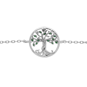 Bracelet en argent rhodi chane avec pastille arbre de vie couleur verte 15+2.5cm - Vue 1