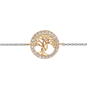 Bracelet en argent rhodi chane avec pastille arbre de vie dorure jaune orn d\'oxydes blancs sertis longueur 16+2cm - Vue 1