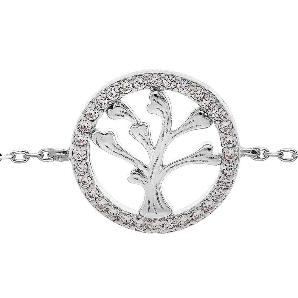 Bracelet en argent rhodi� cha�ne avec pastille arbre de vie et contour oxydes blancs sertis 16+3cm - Vue 1