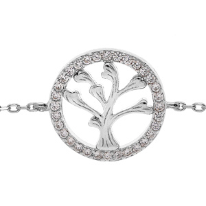 Bracelet en argent rhodi chane avec pastille arbre de vie et contour oxydes blancs sertis 16+3cm - Vue 1