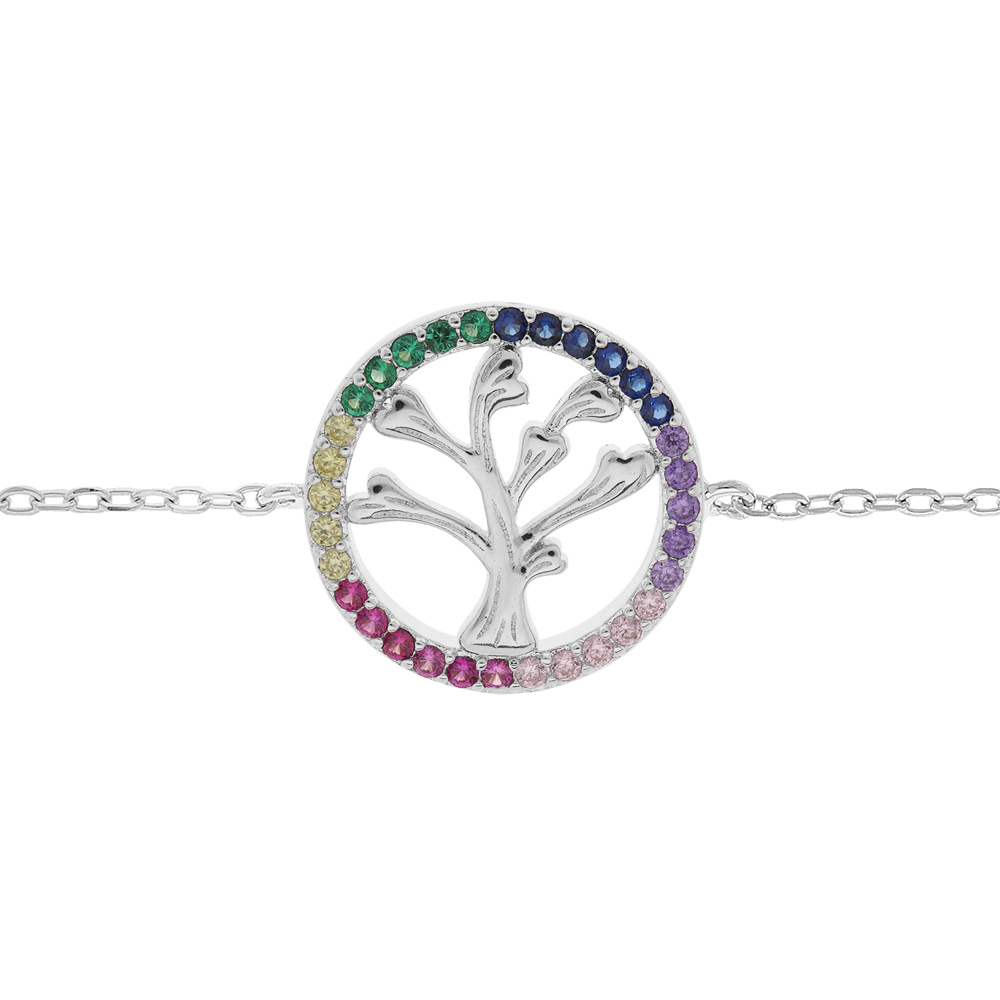 Bracelet en argent rhodi� cha�ne avec pastille arbre de vie et contour oxydes multicouleurs 16+3cm - Vue 1