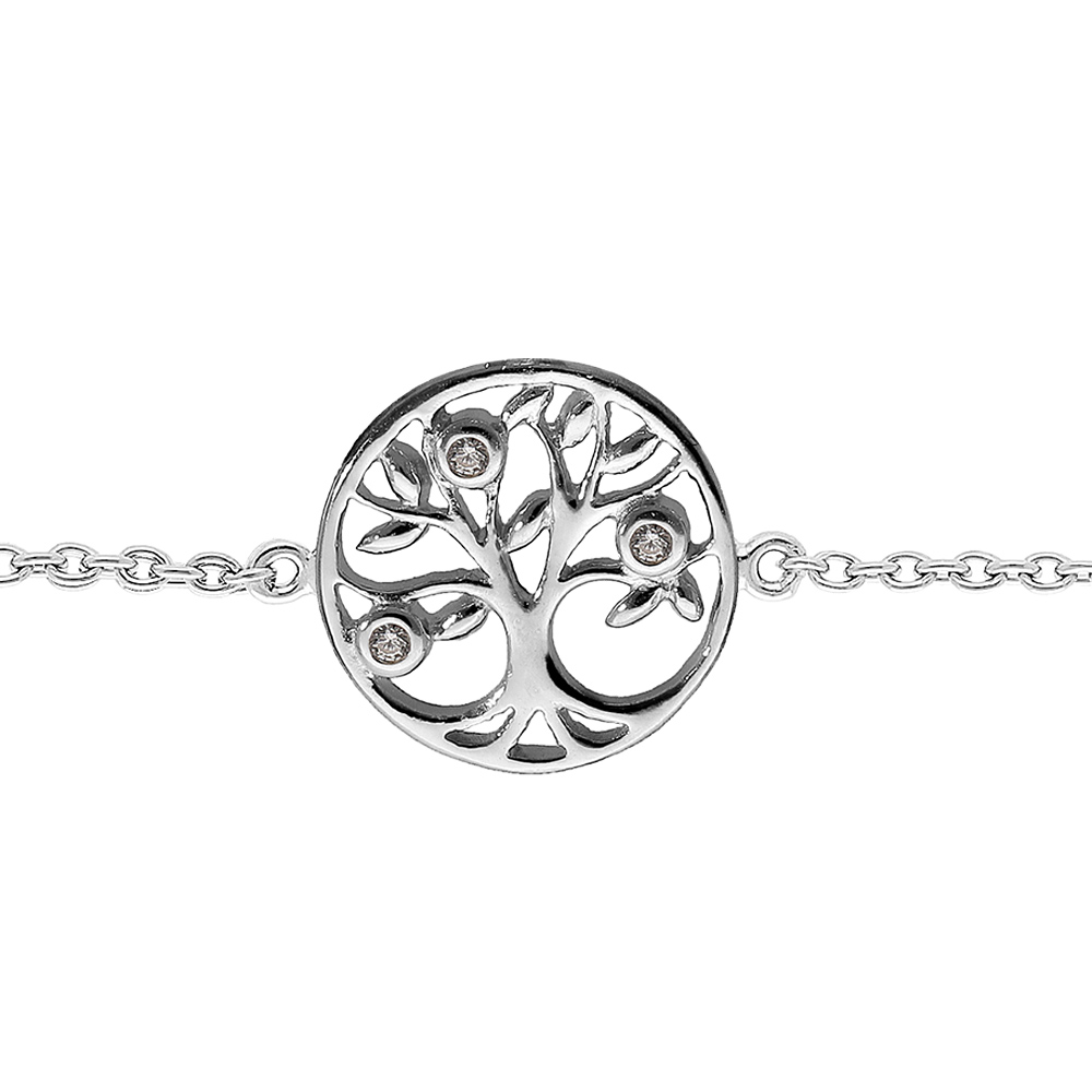 Bracelet en argent rhodi� cha�ne avec pastille arbre de vie et 3 oxydes blancs sertis 15,5+2,5cm - Vue 1