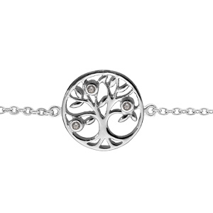 Bracelet en argent rhodi chane avec pastille arbre de vie et 3 oxydes blancs sertis 15,5+2,5cm - Vue 1