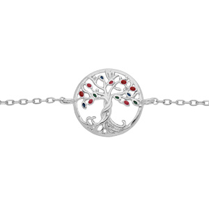 Bracelet en argent rhodi chane avec pastille arbre de vie multi couleurs 15+2.5cm - Vue 1
