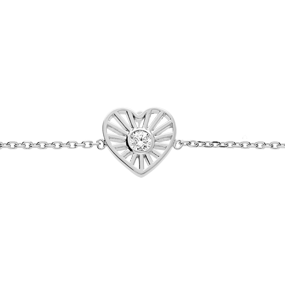 Bracelet en argent rhodi� cha�ne avec pastille coeur soleil et oxyde blanc serti 16+2cm - Vue 1