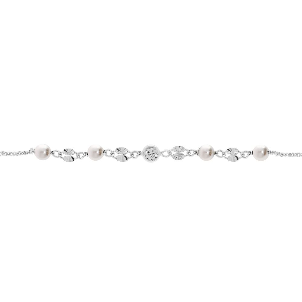 Bracelet en argent rhodi� cha�ne avec pastille diamant�e et boule de verre blanche 16+3cm - Vue 1
