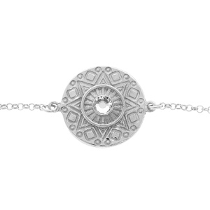 Bracelet en argent rhodié chaîne avec pastille éthnique et oxyde blancs sertis 16+3cm - Vue 1