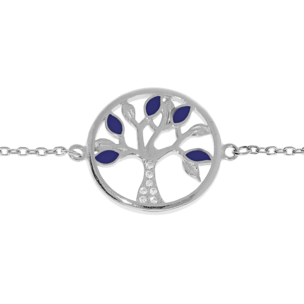 Bracelet en argent rhodi� cha�ne avec pastille motif arbre de vie couleur bleue et oxydes blancs 16+3cm - Vue 1
