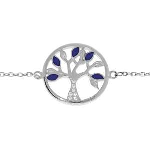 Bracelet en argent rhodi chane avec pastille motif arbre de vie couleur bleue et oxydes blancs 16+3cm - Vue 1