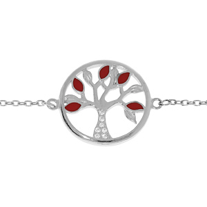 Bracelet en argent rhodi chane avec pastille motif arbre de vie couleur rouge et oxydes blancs 16+3cm - Vue 1