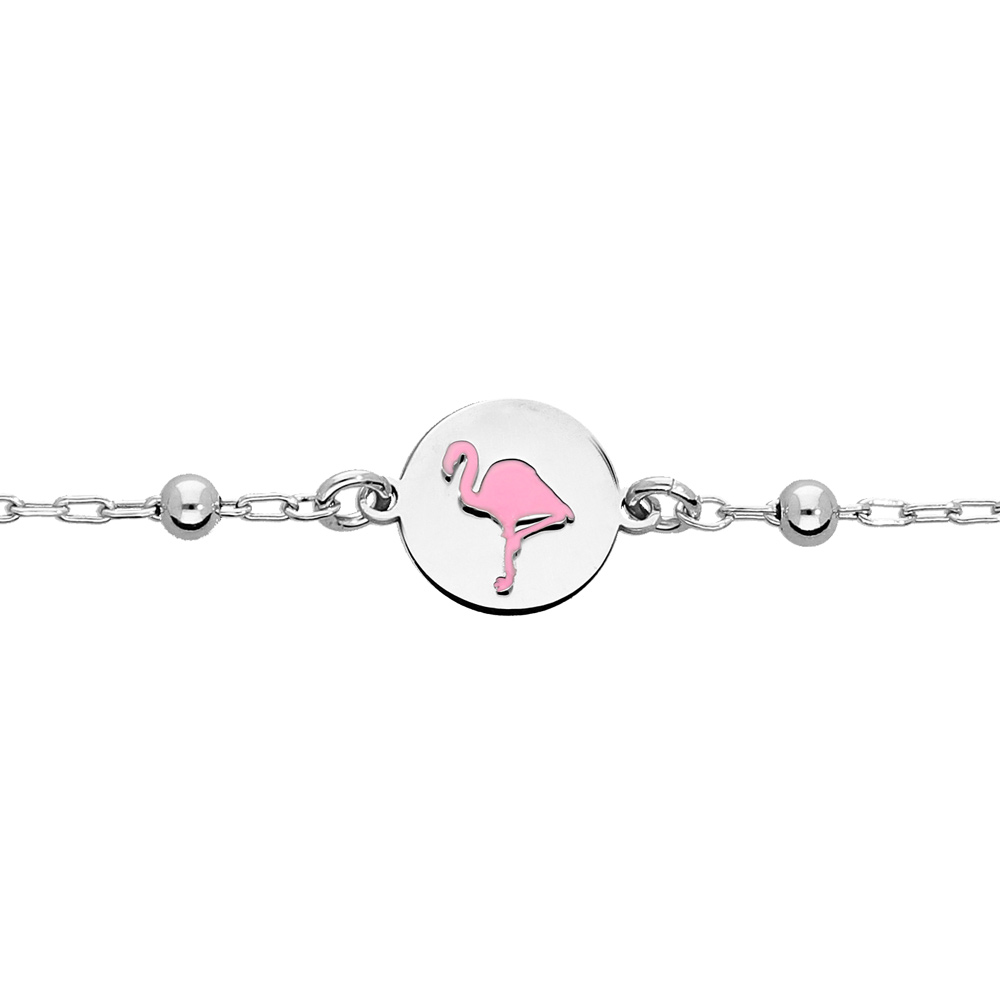 Bracelet en argent rhodi� cha�ne avec pastille motif flamant rose 15+2cm - Vue 1