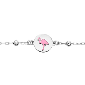Bracelet en argent rhodi chane avec pastille motif flamant rose 15+2cm - Vue 1