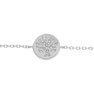 Bracelet en argent rhodi chane avec pastille ronde 12mm arbre de vie avec oxydes blancs sertis 15+4cm - Vue 1