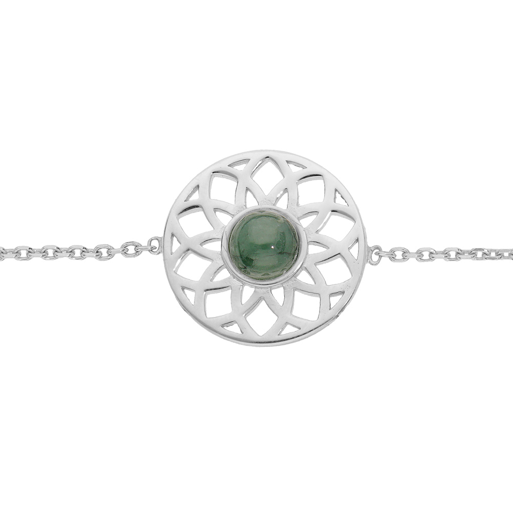 Bracelet en argent rhodi� cha�ne avec pastille rosace et Jade verte v�ritable 16+2cm - Vue 1