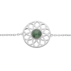 Bracelet en argent rhodi chane avec pastille rosace et Jade verte vritable 16+2cm - Vue 1