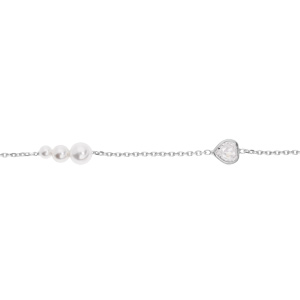 Bracelet en argent rhodi chane avec perles blanches de synthse et coeur oxydes blancs sertis 16+3cm - Vue 1