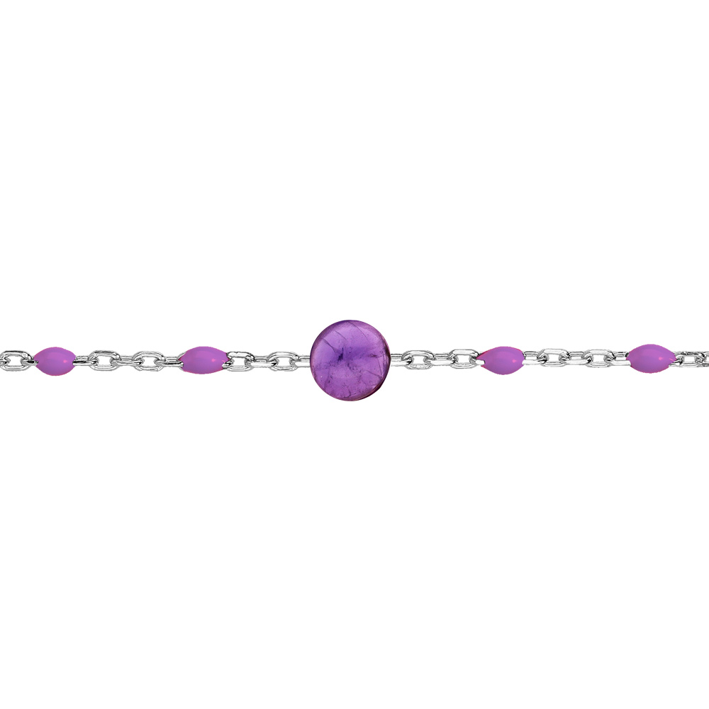 Bracelet en argent rhodi� cha�ne avec perles violettes et pierre Am�thyste v�ritable 16+3cm - Vue 1