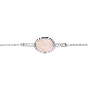 Bracelet en argent rhodi chane avec pierre ovale Quartz rose et oxydes blancs 16+3cm - Vue 1