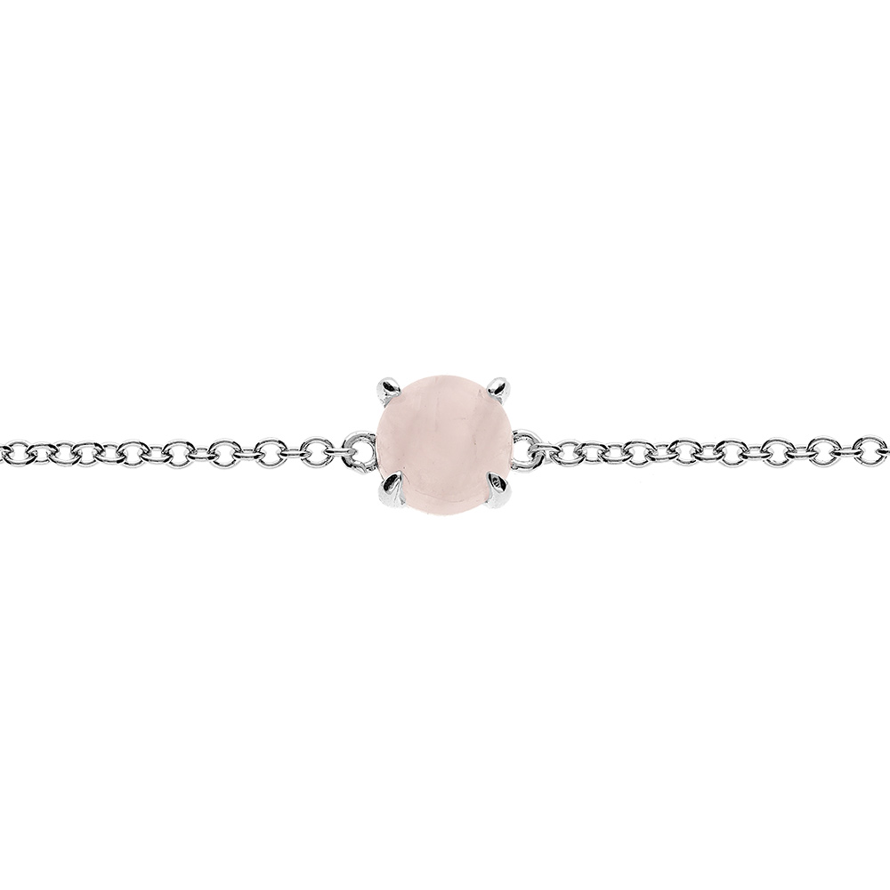 Bracelet en argent rhodi� cha�ne avec pierre v�ritable Quartz rose 6,5mm 15+4cm - Vue 1