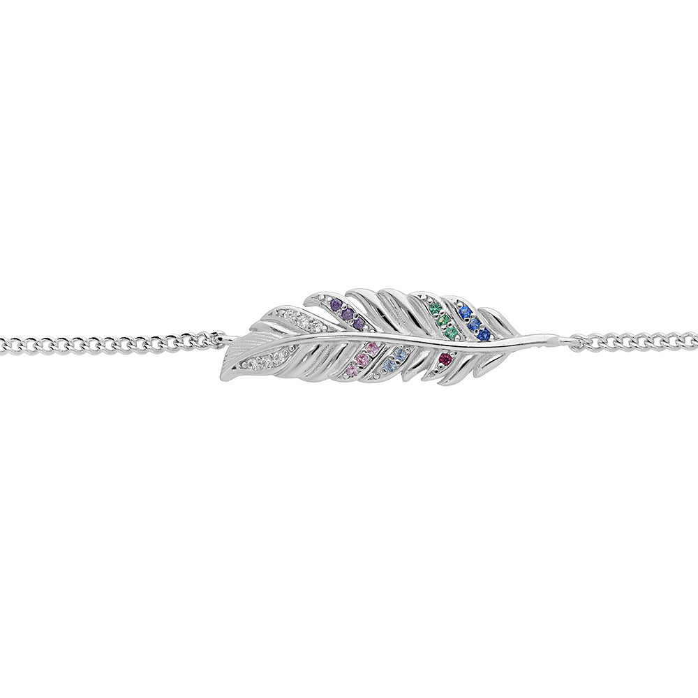 Bracelet en argent rhodi� cha�ne avec plume et oxydes multi couleurs 15.5+3cm - Vue 1