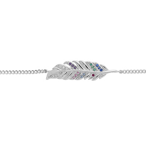 Bracelet en argent rhodi chane avec plume et oxydes multi couleurs 15.5+3cm - Vue 1