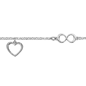 Bracelet en argent rhodi chane avec symbole infini au milieu et pampille coeur vid - longueur 16cm + 3cm de rallonge - Vue 1