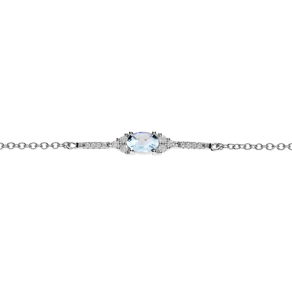 Bracelet en argent rhodi� cha�ne avec Topaze bleu v�ritable et oxydes blancs sertis 15+4cm - Vue 1