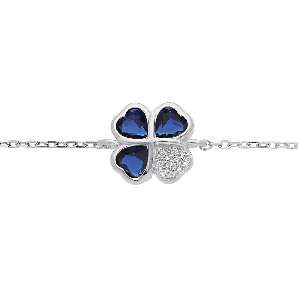 Bracelet en argent rhodi� cha�ne avec tr�fle d\'oxydes bleus et coeur 16+1+1cm - Vue 1