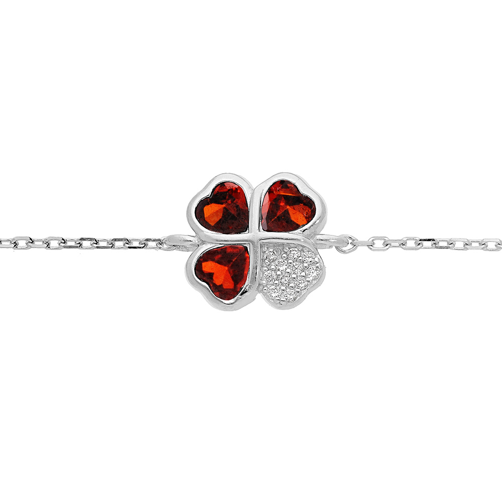 Bracelet en argent rhodi� cha�ne avec tr�fle d\'oxydes rouges et coeur 16+1+1cm - Vue 1