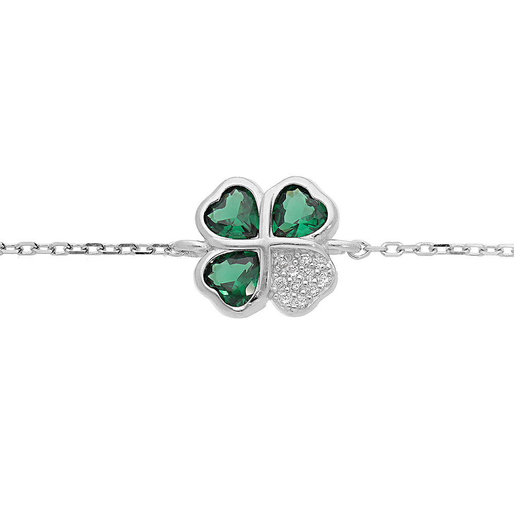Bracelet en argent rhodi� cha�ne avec tr�fle d\'oxydes verts et coeur 16+1+1cm - Vue 1