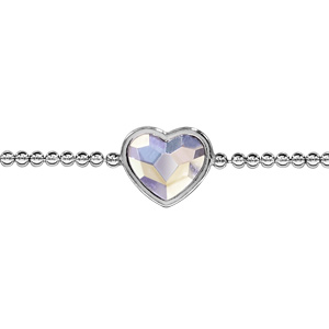 Bracelet en argent rhodié chaîne boules avec coeur en cristal blanc synthétique au milieu - longueur 16cm + 3cm de rallonge - Vue 1