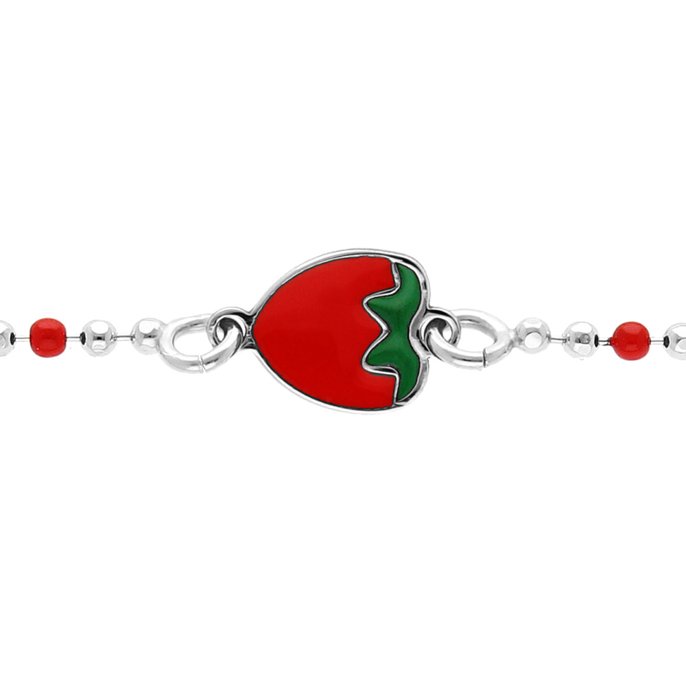 Bracelet en argent rhodi� cha�ne boules avec fraise rouge 13+3cm - Vue 1