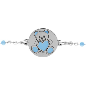 Bracelet en argent rhodi chane boules avec rondelle motif ourson bleu 13+3cm - Vue 1