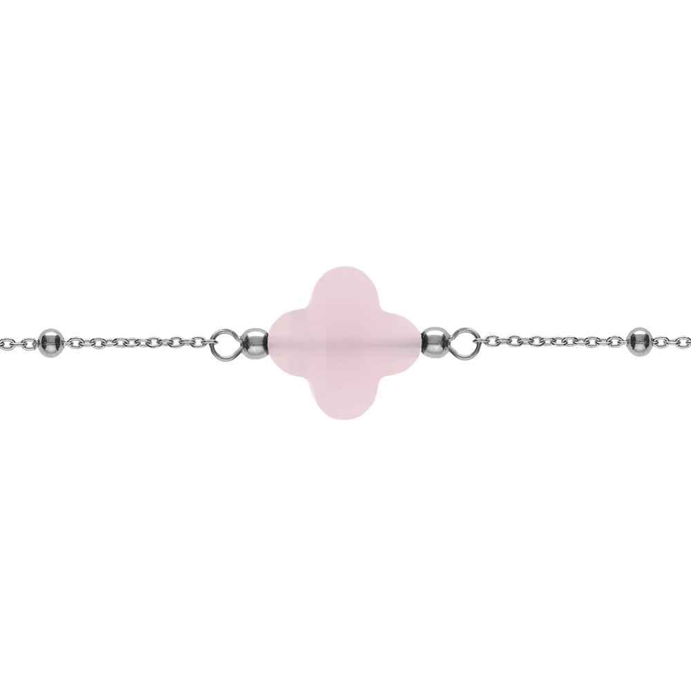 Bracelet en argent rhodi� cha�ne boules tr�fle en verre facet� rose 16+3cm - Vue 1