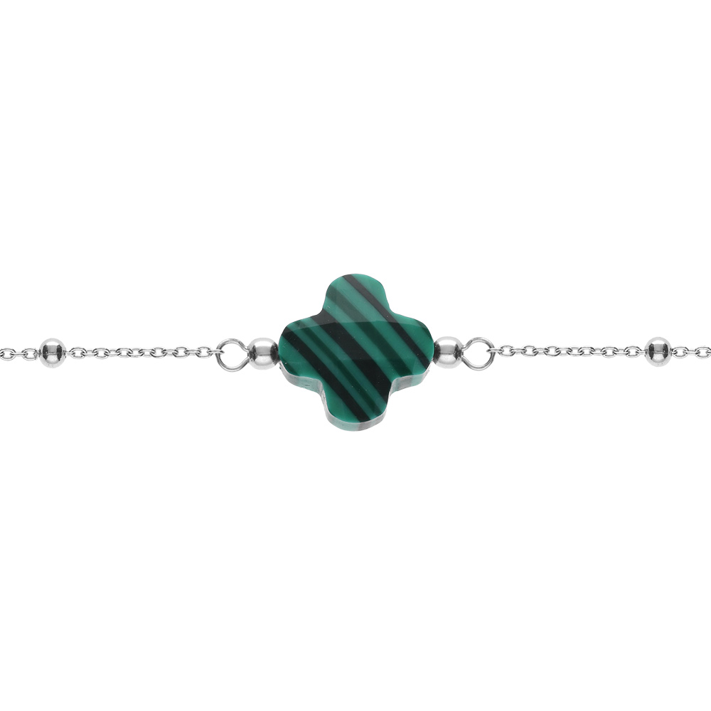 Bracelet en argent rhodi� cha�ne boules tr�fle en verre facet� vert fonc� 16+3cm - Vue 1
