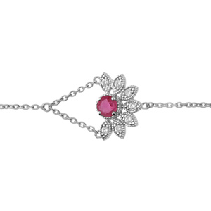 Bracelet en argent rhodi chane demi fleur de Rubis vritable et topazes blanches 16+3cm - Vue 1