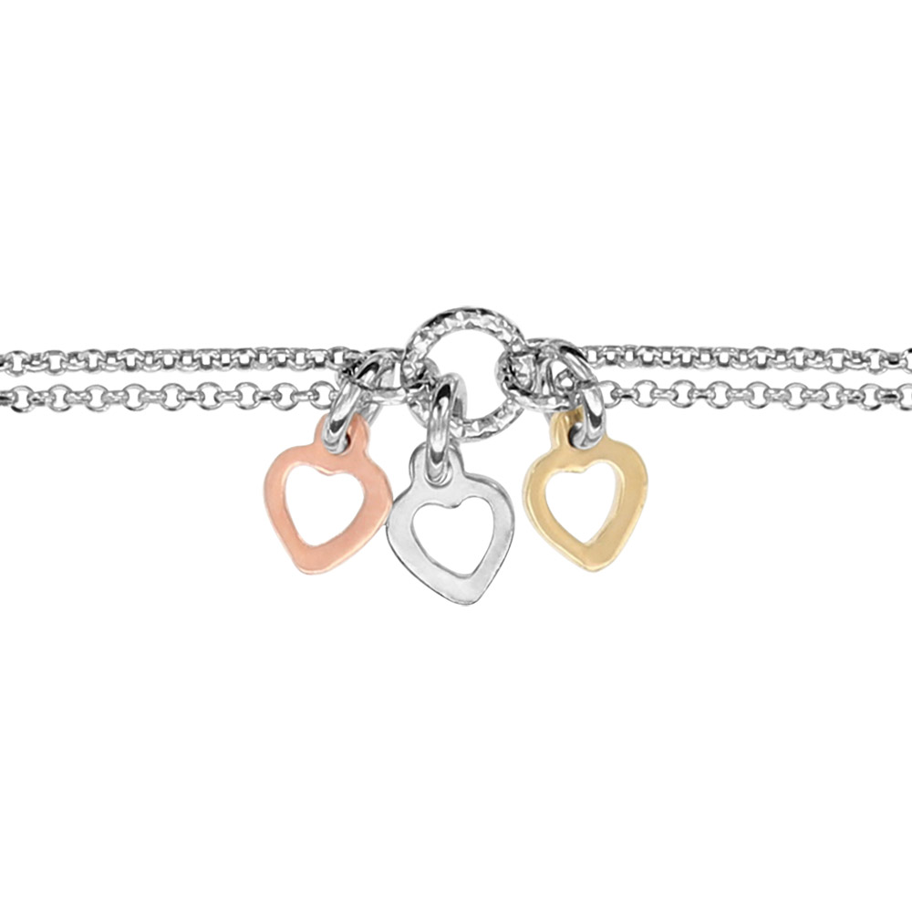 Bracelet en argent rhodi� cha�ne doubl�e avec au milieu 1 anneau avec 3 pampilles coeurs, 1 rose, 1 gris et 1 jaune - longueur 16,5cm + 3cm de rallonge - Vue 1
