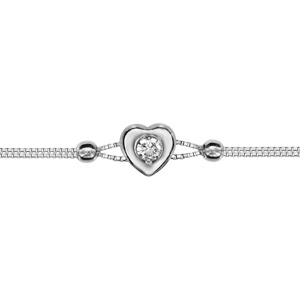 Bracelet en argent rhodi chane double avec 2 boules lisses et coeur avec oxyde blanc serti au centre au milieu - longueur 16cm + 3cm de rallonge - Vue 1
