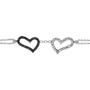 Bracelet en argent rhodi chane double avec 2 coeurs vids, 1 orn d\'oxydes noirs et l\'autre orn d\'oxydes blancs sertis - longueur 16cm + 3cm de rallonge - Vue 1