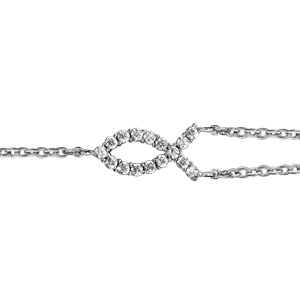 Bracelet en argent rhodié chaîne doublée avec poisson chrétien orné d\'oxydes blancs sertis au milieu - longueur 16cm + 2cm de rallonge - Vue 1