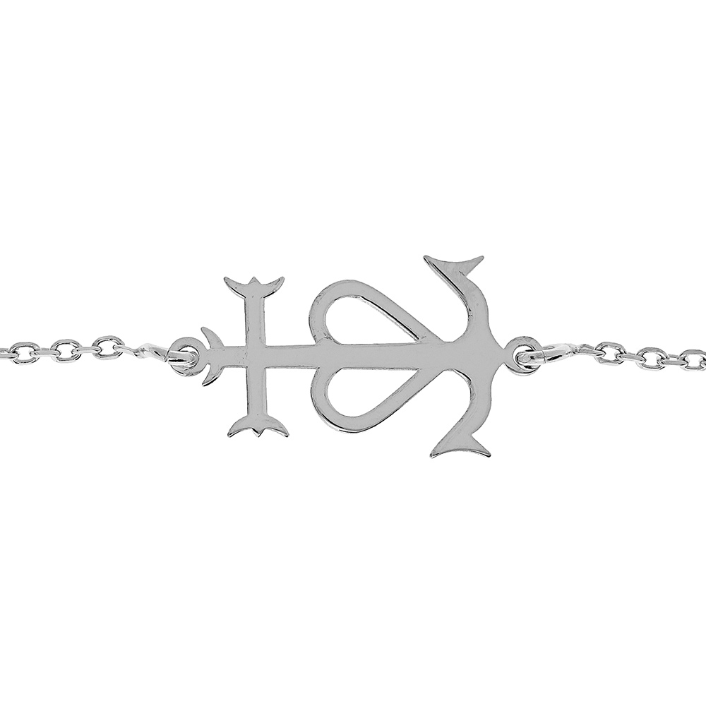 Bracelet en argent rhodi� cha�ne maille for�at et croix camarguaise 15+3cm - Symbole de la Camargue, tridents, ancre et coeur - Vue 1