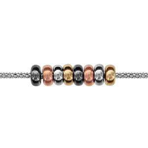 Bracelet en argent rhodi chane maille pop-corn avec 8 anneaux gris, dors roses et jaunes et rhodis noirs alterns - longueur 16cm + 3cm de rallonge - Vue 1