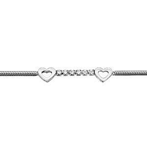Bracelet en argent rhodié chaîne maille pop-corn avec au milieu 1 rail d\'oxydes blancs sertis entouré de 2 coeurs évidés - longueur 16cm + 3cm de rallonge - Vue 1