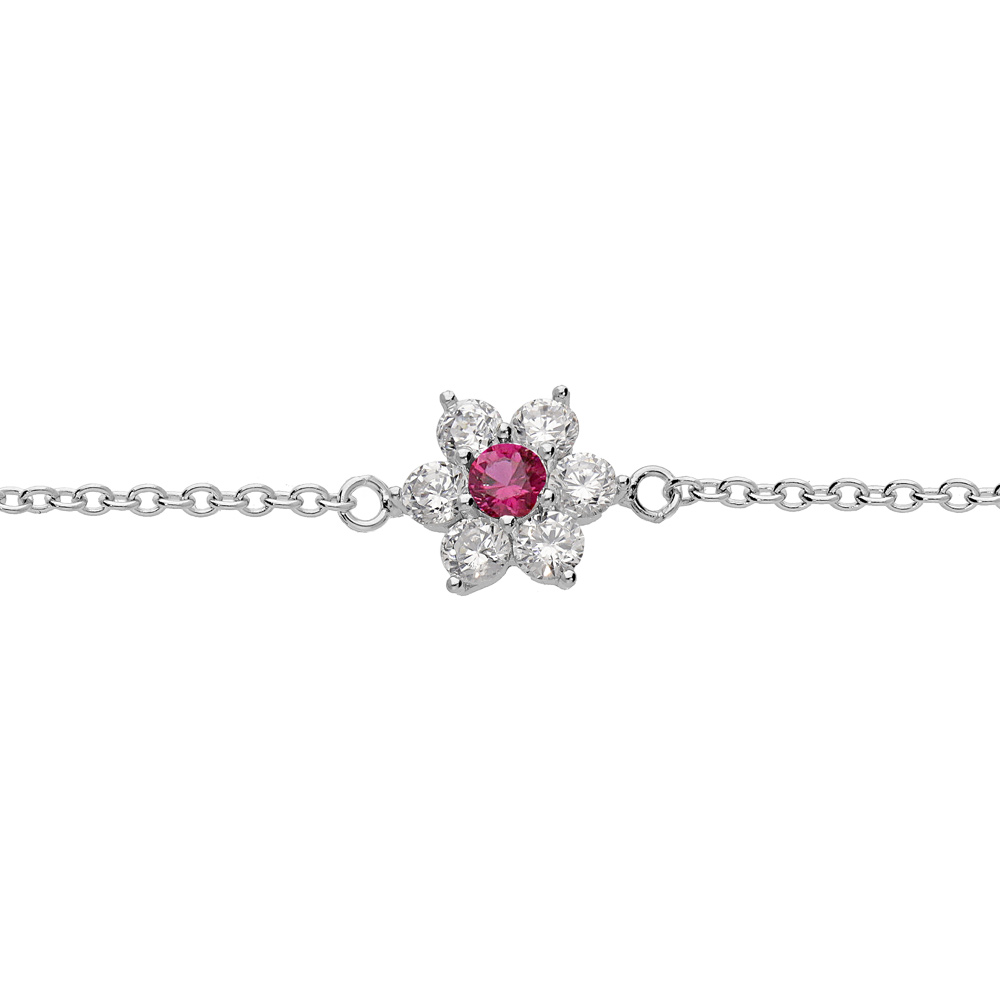 Bracelet en argent rhodi� cha�ne motif marguerite avec oxyde framboise sertis et contour blancs sertis 16.5+2cm - Vue 1