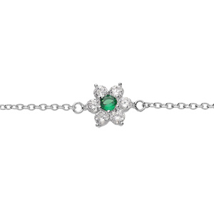 Bracelet en argent rhodi chane motif marguerite avec oxyde vert sertis et contour blancs sertis 16.5+2cm - Vue 1