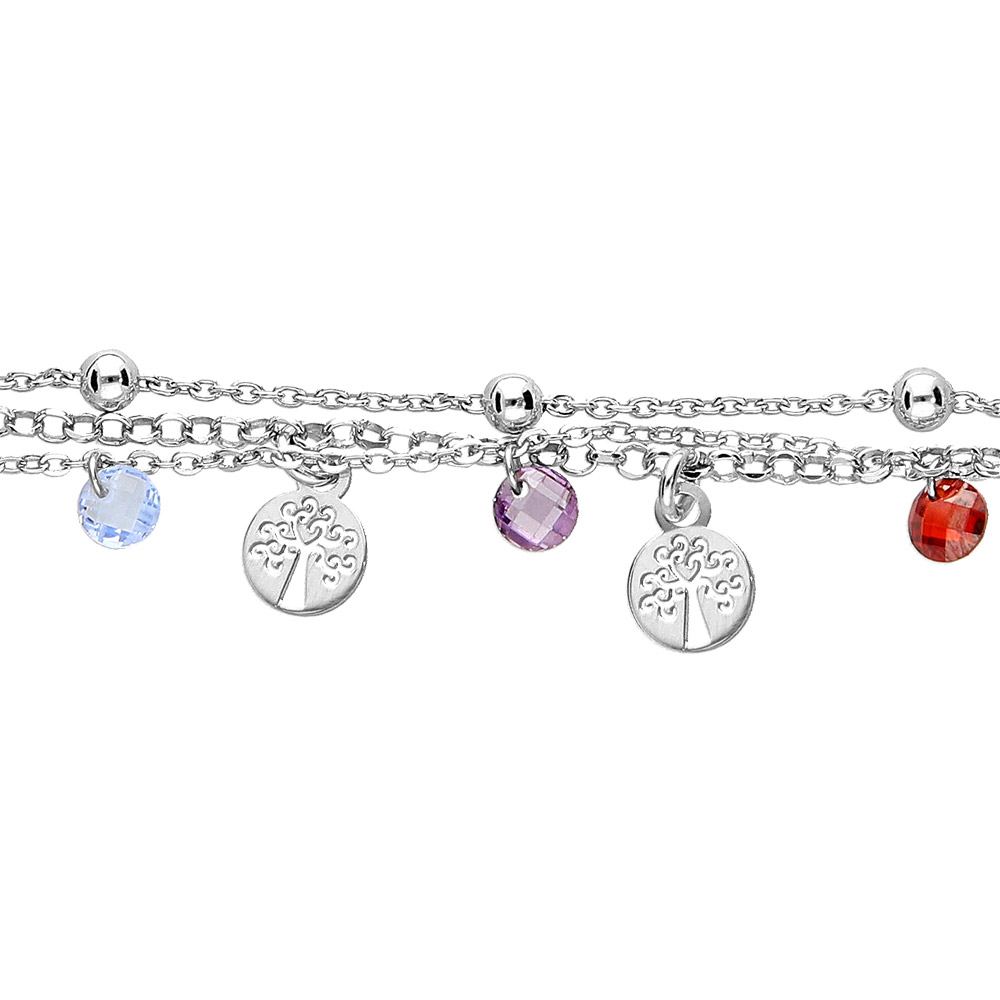 Bracelet en argent rhodi� 3 cha�nes avec pampilles arbre de vie et pierres multi couleurs 15+3cm - Vue 1