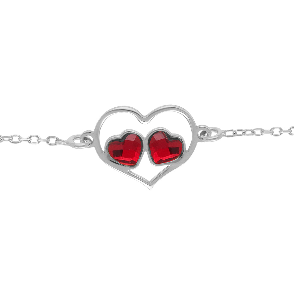 Bracelet en argent rhodi� coeur ajour� et deux oxydes rouges  - 15+3cm - Vue 1
