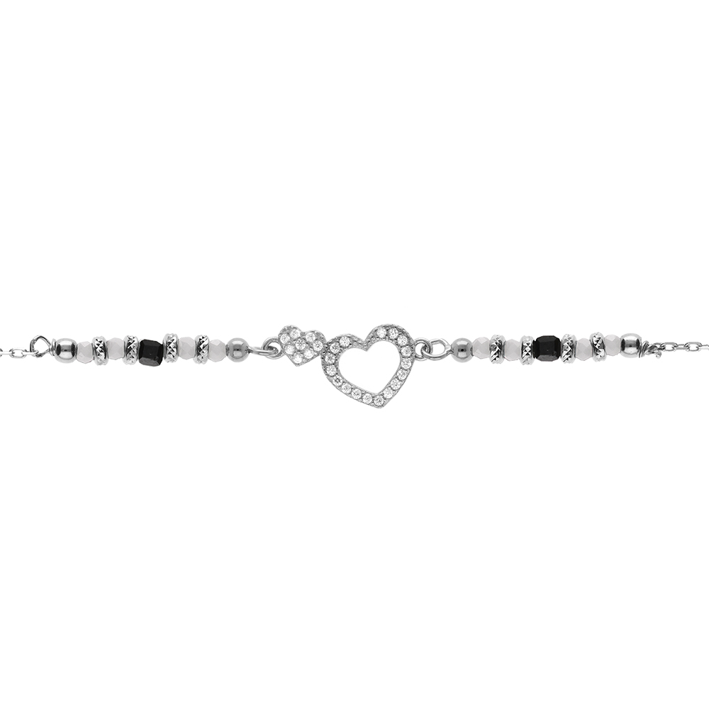 Bracelet en argent rhodi� coeur avec contour d\'oxydes blancs sertis avec verre blanc -16+3cm - Vue 1